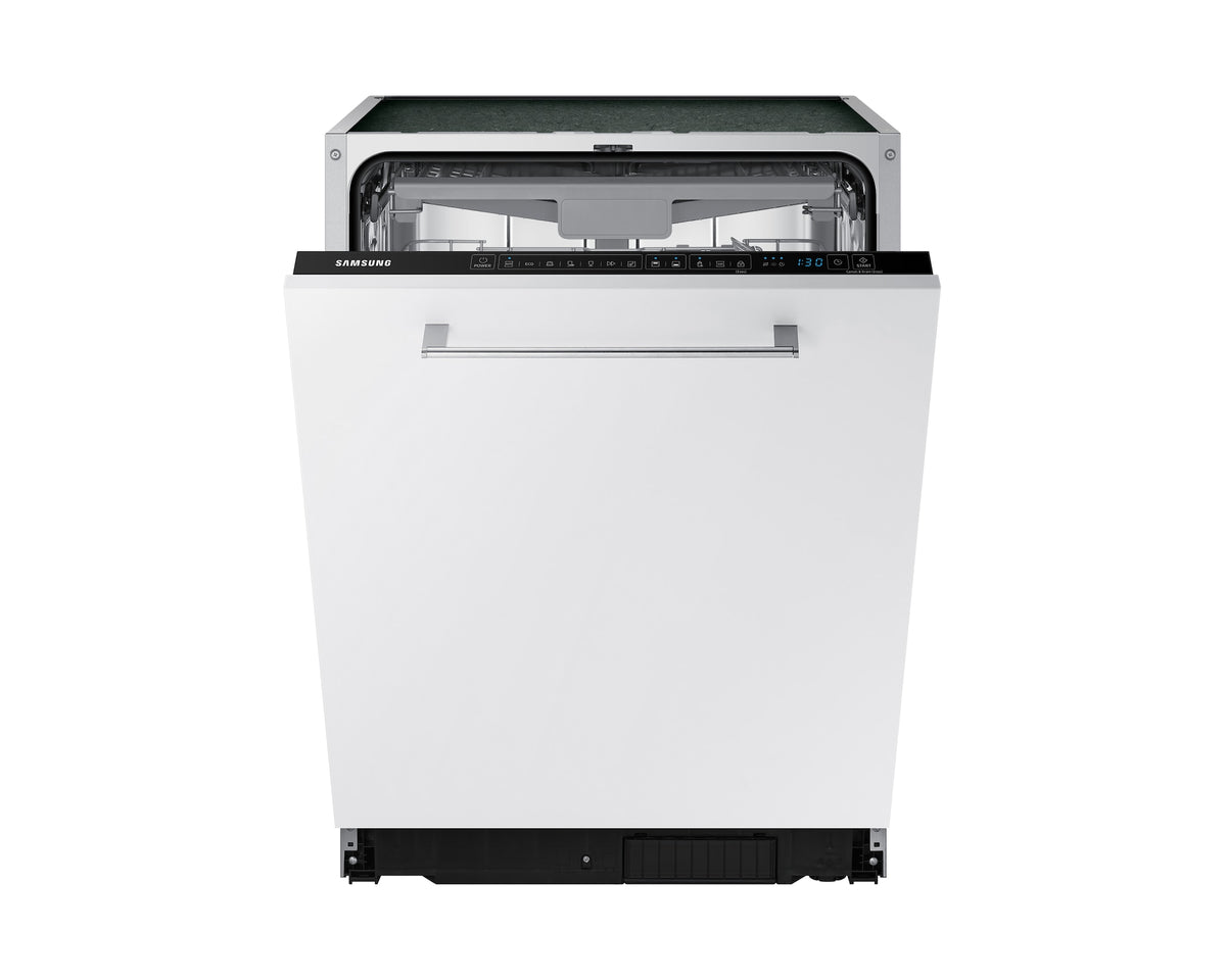 Samsung integrated dishwasher with open door showing control panel and empty interior racks.