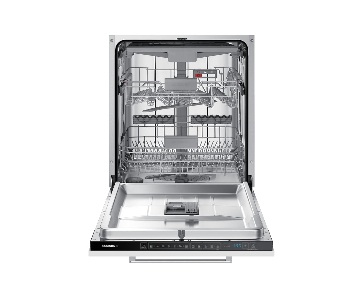 Open Samsung integrated dishwasher showing empty racks and control panel with digital display and buttons