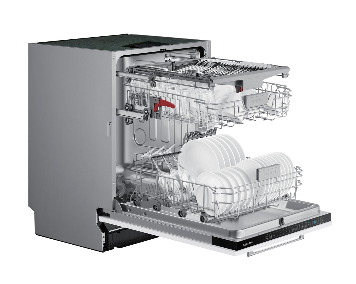 Samsung integrated dishwasher with open door showing loaded racks of plates, glasses, and cutlery.
