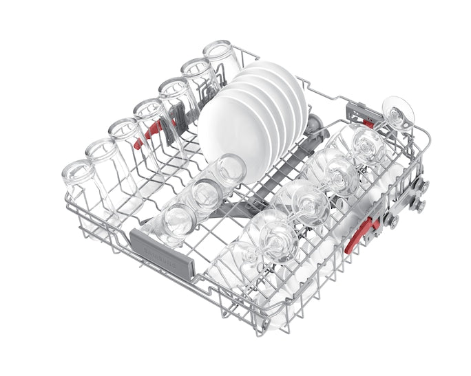 Samsung Integrated Dishwasher lower rack loaded with plates, glasses, and bottles on a white background