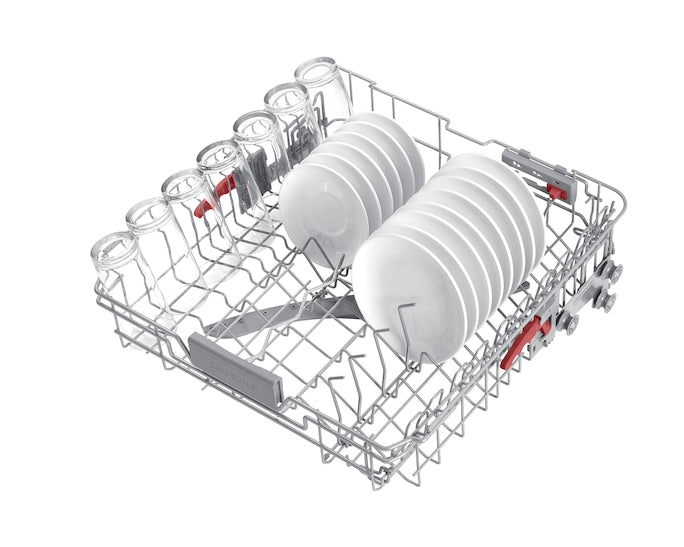 Samsung dishwasher lower rack loaded with plates and glasses, showing adjustable tines and holders.