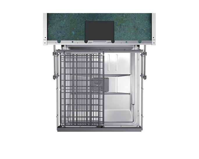 Open Samsung Integrated Dishwasher DW60CG550B00EU showing empty interior and adjustable racks from top view.