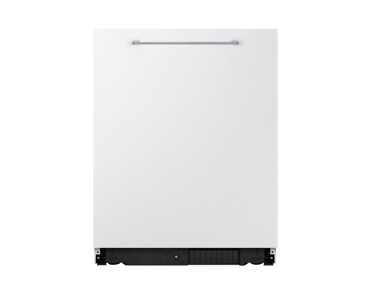 Samsung fully integrated white dishwasher front panel with horizontal stainless steel handle and exposed base components