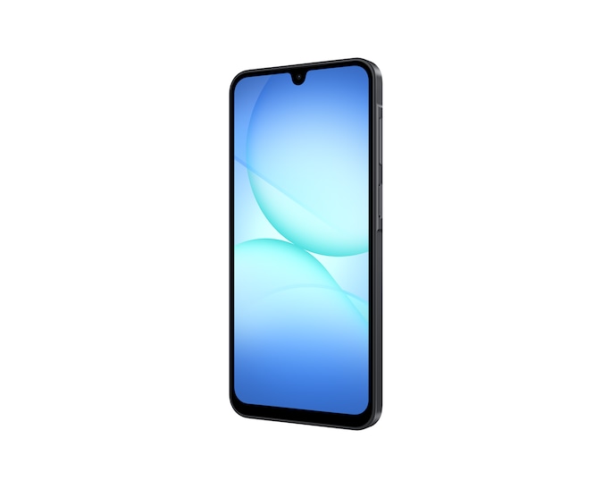 Samsung Galaxy A17 5G in black, angled front view with screen on showing blue abstract wallpaper