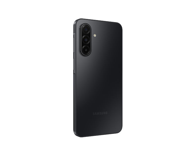 Samsung Galaxy A17 5G in black, rear view showing triple camera and flash on matte finish back.