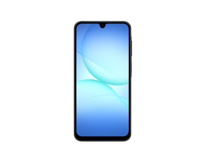 Samsung Galaxy A17 5G in black, front view showing screen with blue gradient wallpaper.