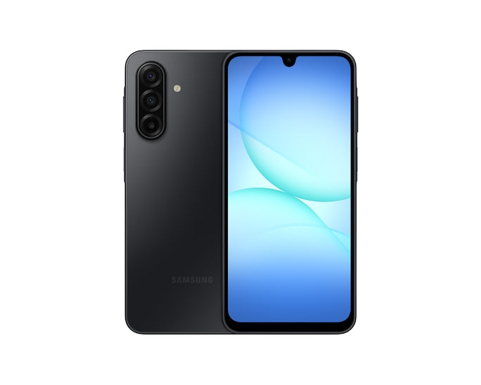 Samsung Galaxy A17 5G smartphone in black, front screen on and triple rear camera visible