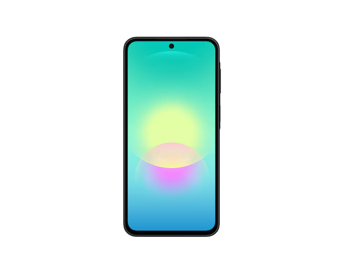 Samsung Galaxy A27 5G black smartphone front view with colorful gradient screen on white background