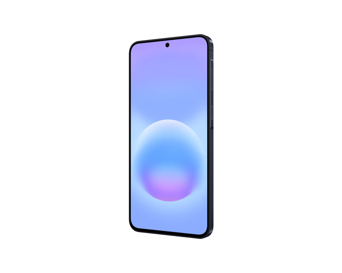 Samsung Galaxy A57 5G in dark blue, angled front view showing screen with centered punch-hole camera.