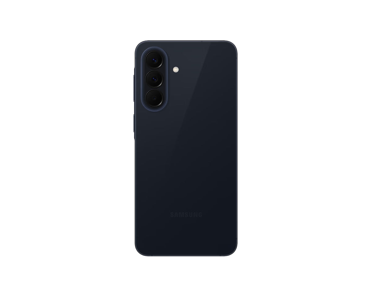 Samsung Galaxy A57 5G in dark blue, rear view showing triple camera and flash on white background.