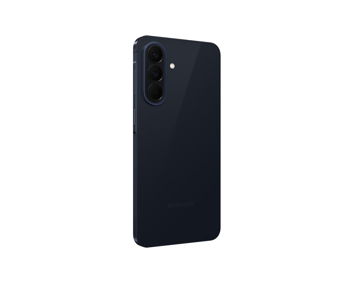 Samsung Galaxy A57 5G in dark blue, rear view showing triple camera and flash on white background.