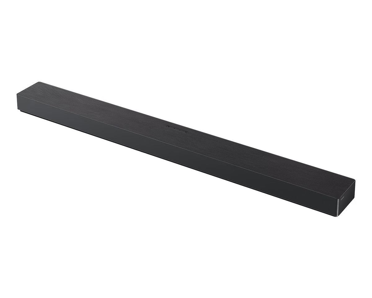 Black Samsung Q-Series 7.1.2 channel soundbar with slim rectangular design and top control buttons visible