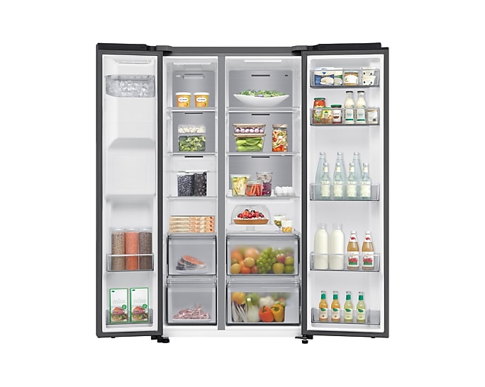 Samsung American Fridge Freezer RS70F64KEFEU in black steel with both doors open, showing stocked interior shelves and