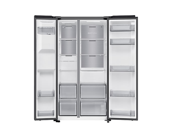 Samsung American Fridge Freezer RS70F64KEFEU in black steel with both doors open, showing empty shelves and compartments.
