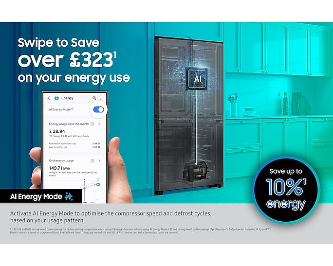 Samsung American Fridge Freezer in black steel shown in a modern kitchen with AI energy mode graphic overlay.