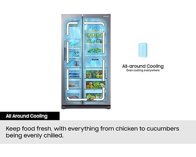 Samsung American fridge freezer in black steel with side-by-side doors and cooling airflow arrows shown inside.
