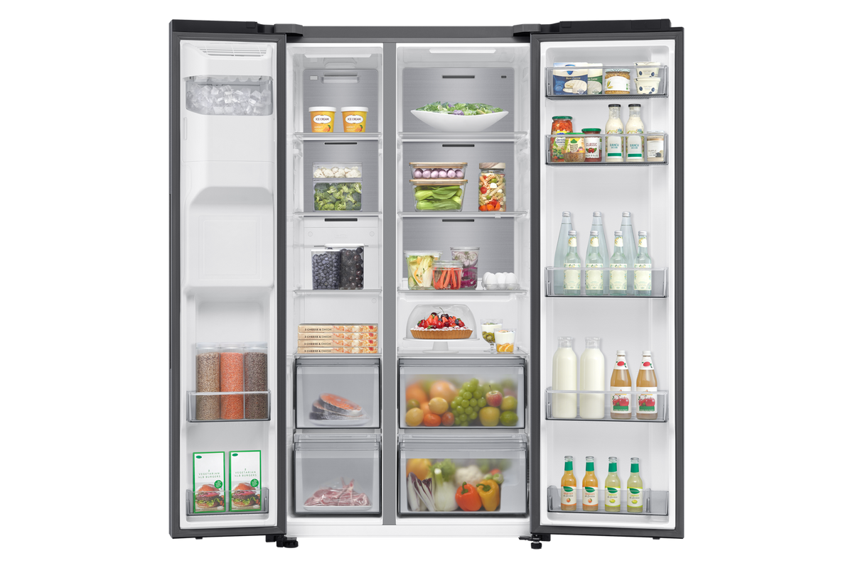 Samsung American Fridge Freezer RS70F64KETEU open, showing stocked shelves with food and drinks inside.