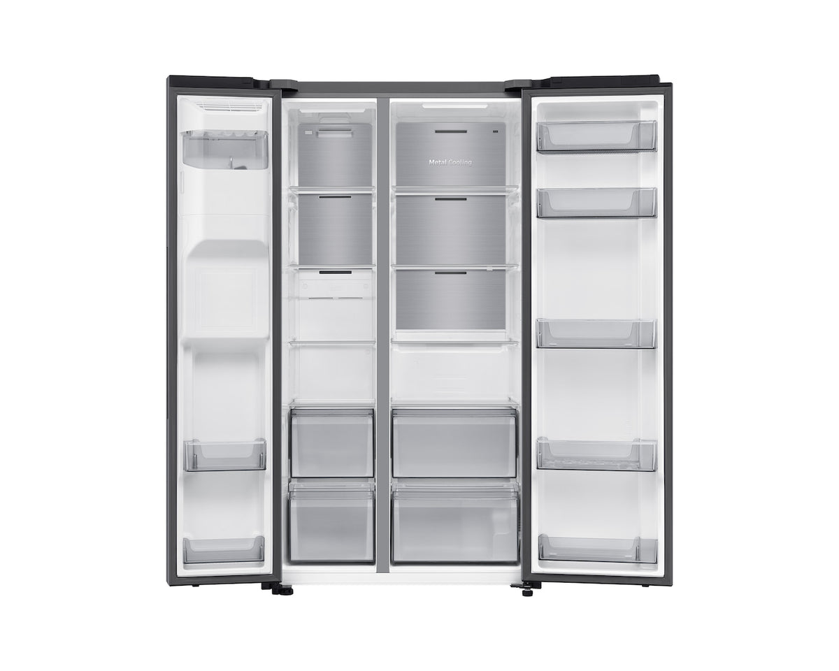 Samsung American Fridge Freezer RS70F64KETEU with open stainless steel doors showing empty shelves and compartments.