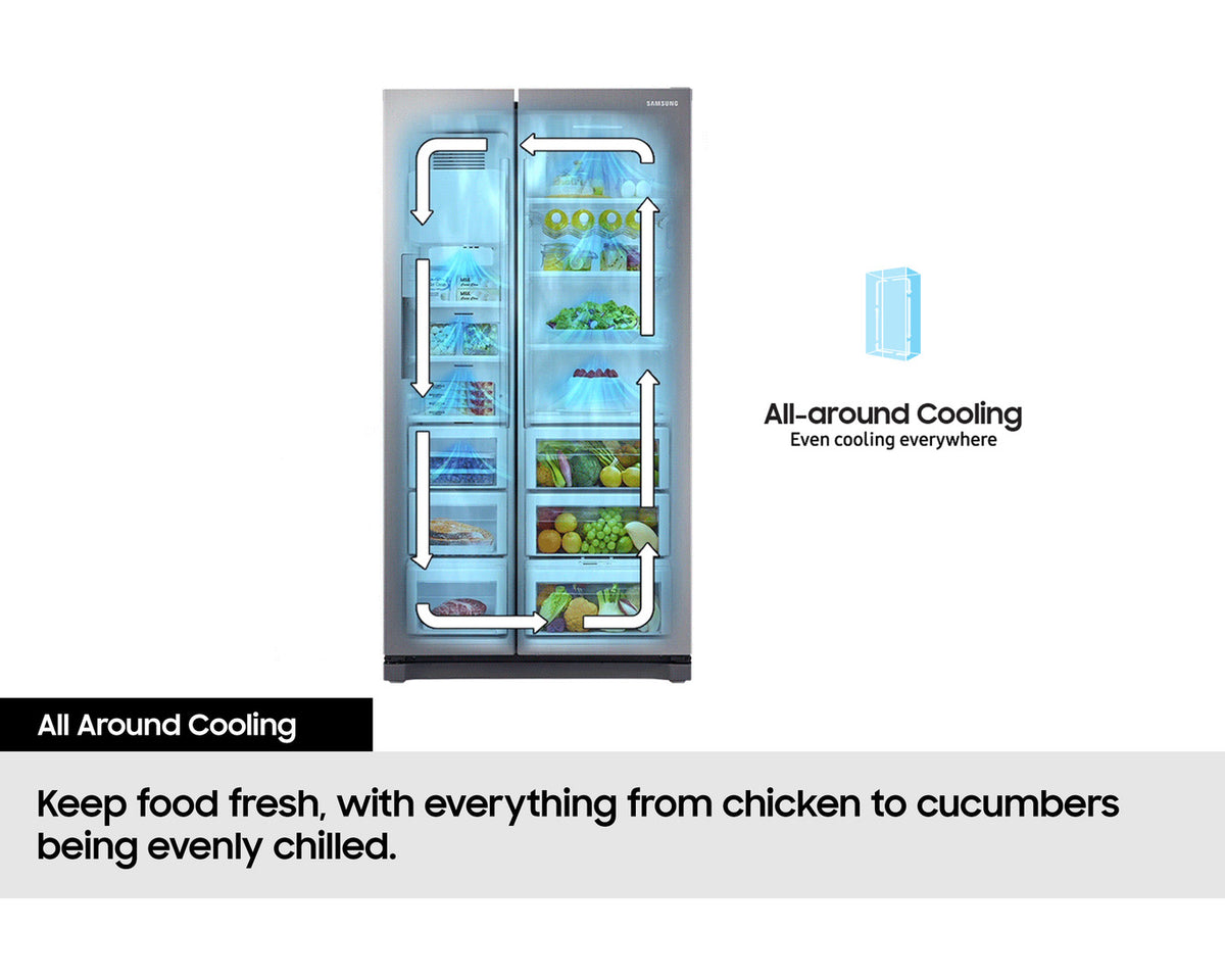 Samsung American fridge freezer with arrows showing all-around cooling circulation inside compartments.
