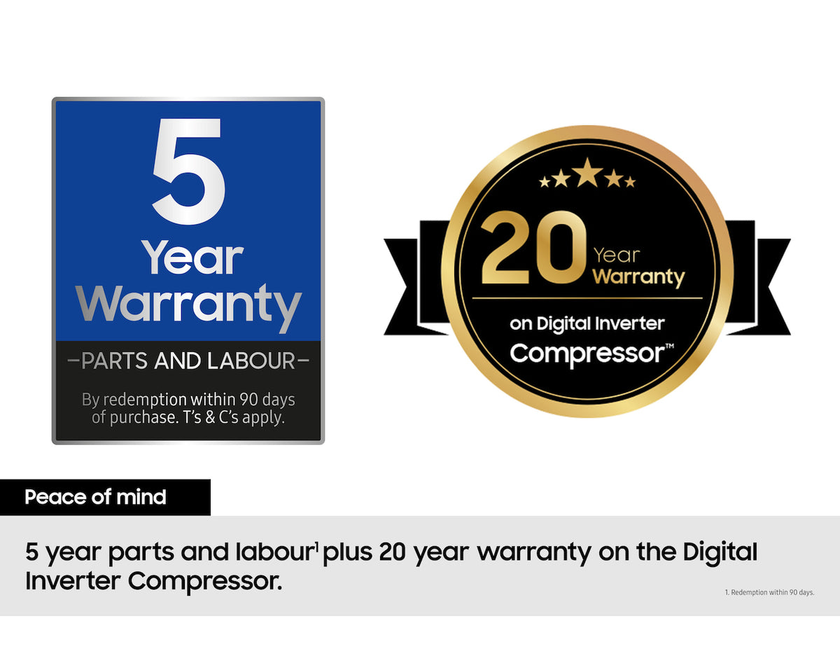Warranty badges showing 5-year parts and labour and 20-year digital inverter compressor warranty.