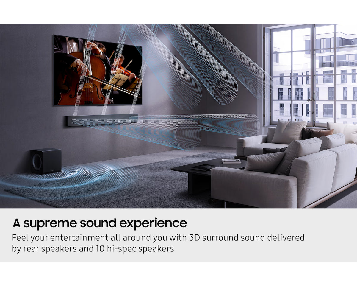 Samsung QS750F soundbar and subwoofer in a modern living room with 3D surround sound visualization.
