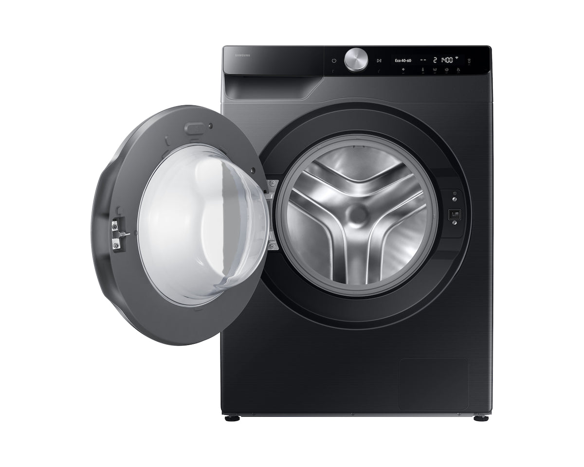 Samsung 11Kg Series 6 black stainless washing machine with open front door showing drum and control panel