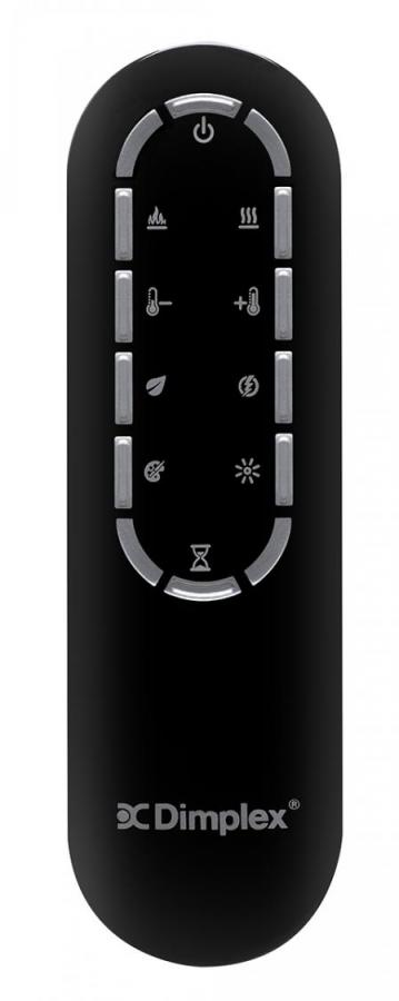 Black Dimplex remote control with rounded top, silver buttons, and icons for heat and settings.