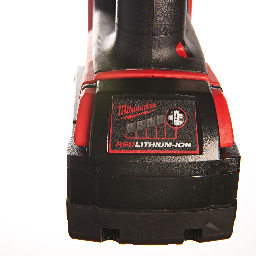 Close-up of Milwaukee M18 Compact SDS+ Hammer Drill battery pack with RedLithium-Ion label and charge indicator.