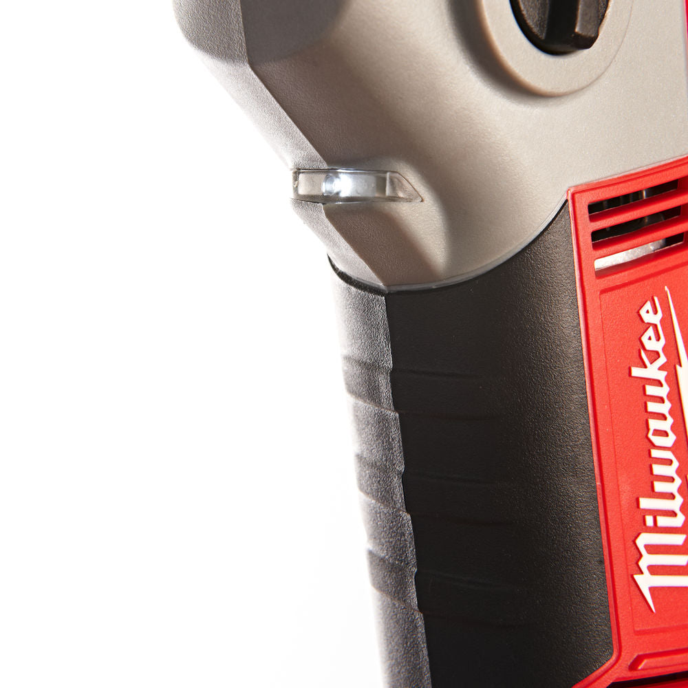 Close-up of the handle and LED light on the Milwaukee M18 Compact SDS+ Hammer Drill.