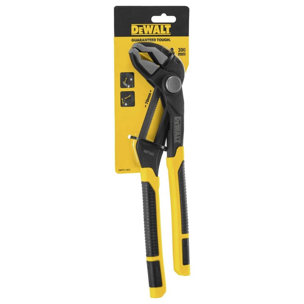 DeWalt V-Jaw Push Lock Pliers 300mm with black and yellow handles in packaging against white background