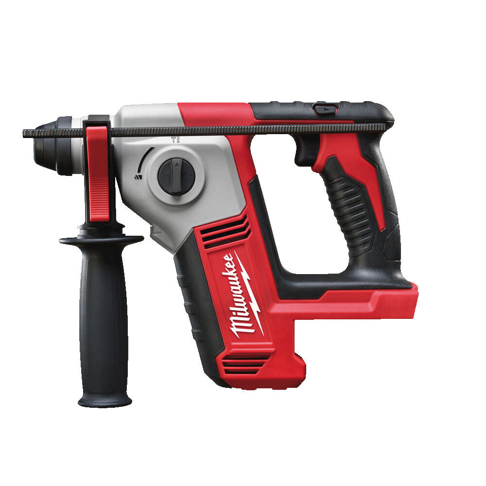 Milwaukee M18 Compact SDS+ hammer drill bare unit with side handle and red-black casing on white background