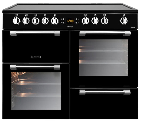 Leisure 100cm black electric range cooker with double ovens, induction hob, easy-clean enamel, by Keans Claremorris.