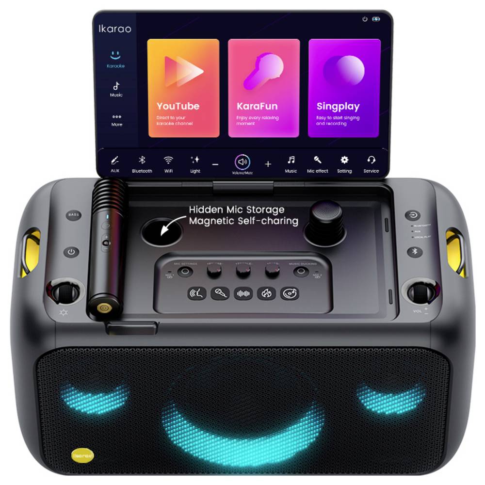 Ikarao Break X1 karaoke touchscreen with microphone, showing screen interface and hidden mic storage.