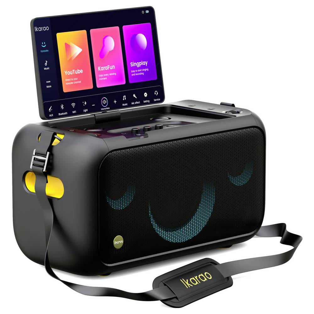 Ikarao Break X1 karaoke speaker with touchscreen display open and attached shoulder strap visible