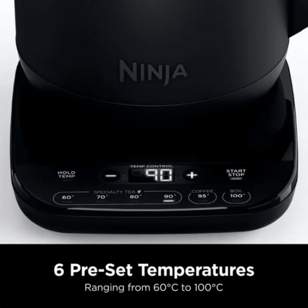 Ninja Perfect Temperature Kettle in black, precise heating, sleek design - available at Keans Claremorris.
