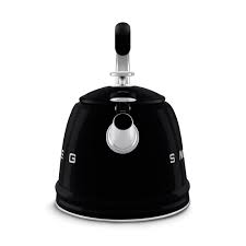 Black Smeg WKF01BL 50's retro style whistling kettle, front view with silver spout and black handle.