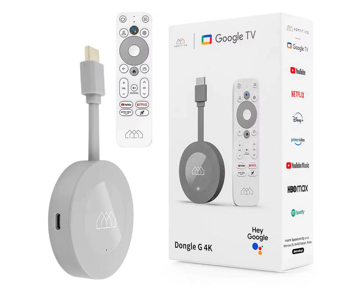 Google TV 4K Chromecast dongle and voice remote with branded packaging showing streaming service logos.