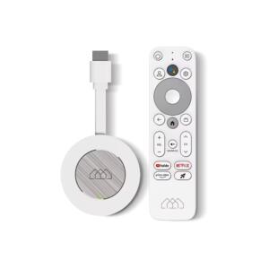 Google TV 4k Chromecast dongle with attached HDMI cable and white remote control with media buttons.