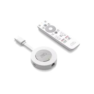 Google TV 4K Chromecast dongle with attached HDMI cable and white remote control on white background.