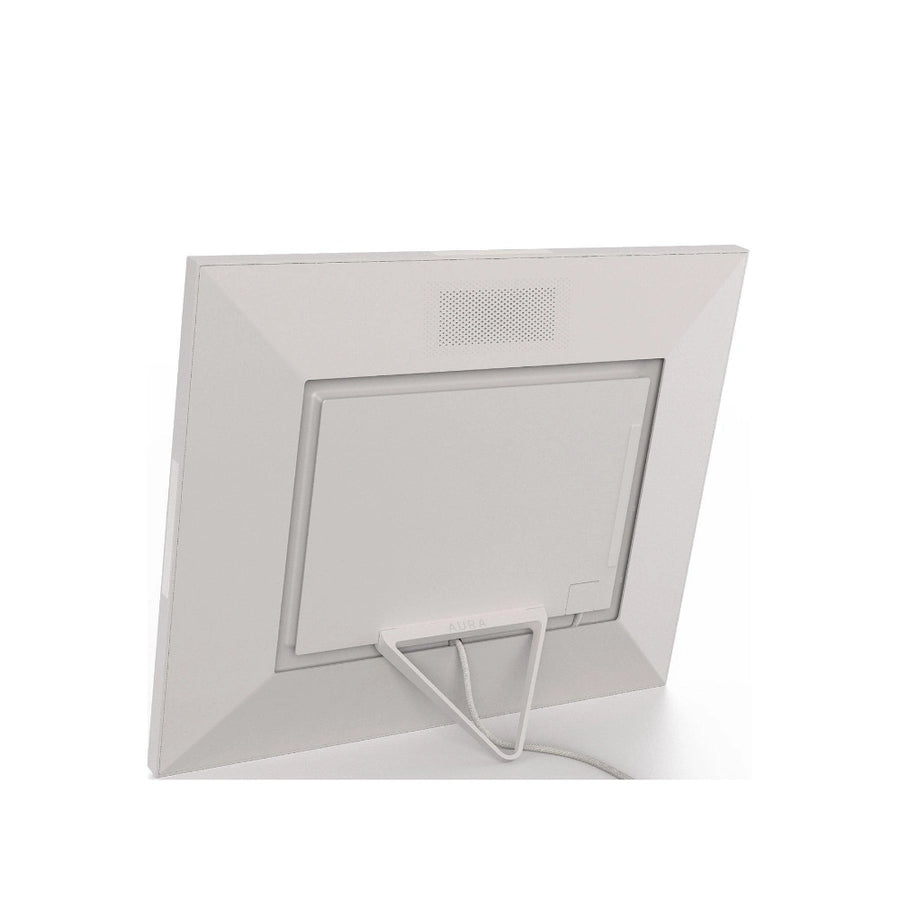 Back view of Aura Walden 15 Inch Digital Photo Frame in clay with stand and power cord attached.
