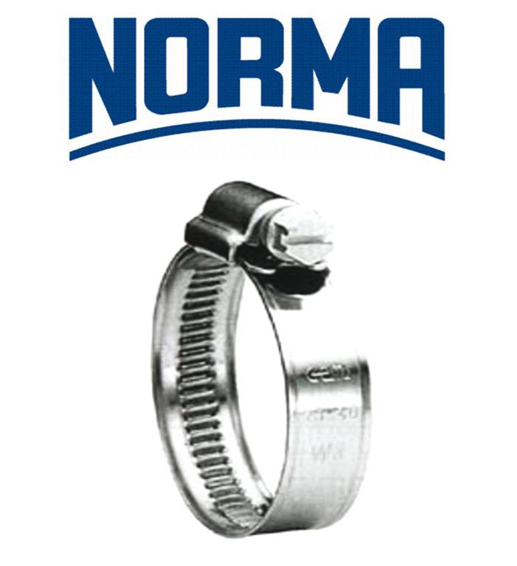 Norma worm drive hose clip in stainless steel, adjustable size 8-16mm, shown with logo above.