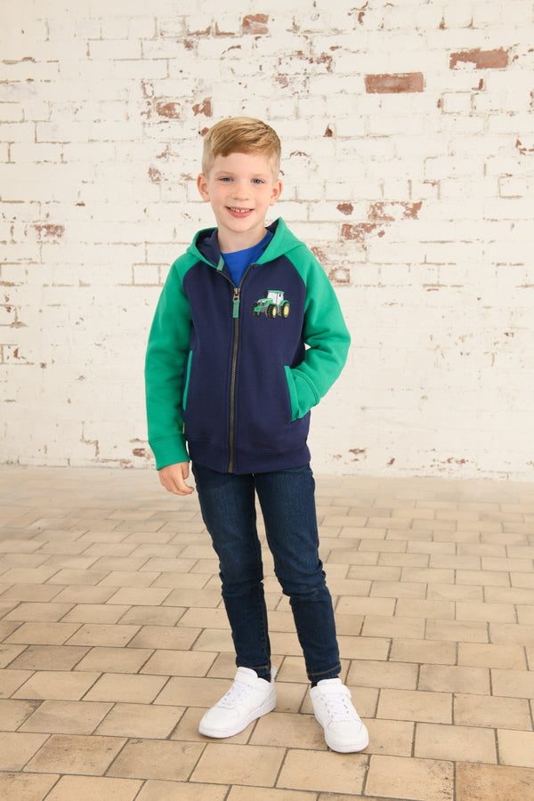 Green Jackson Full Zip Hoodie with hand-drawn tractor print, cotton-rich, cozy, machine washable – Keans Claremorris