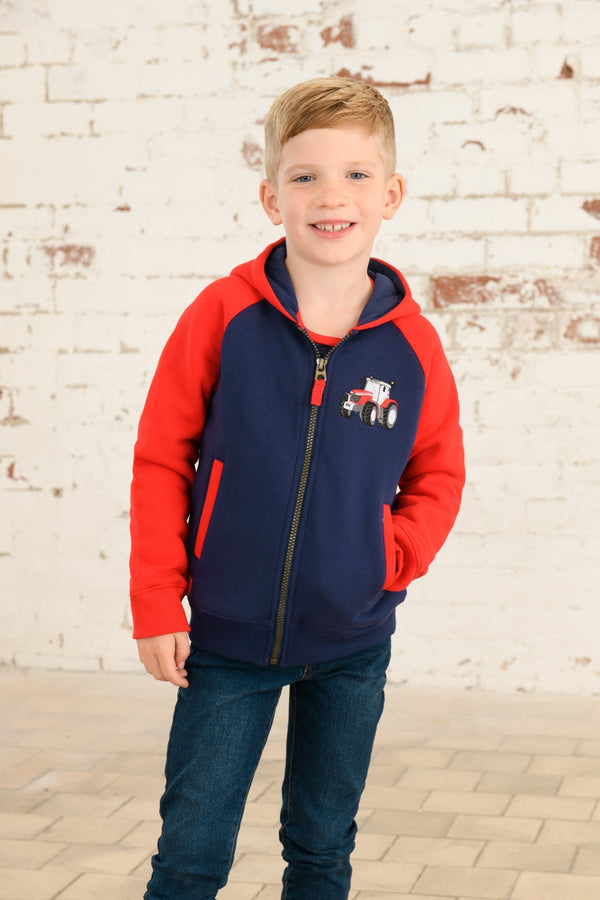 Red Jackson Full Zip Hoodie with waterproof tractor print, insulated, windproof, breathable, and front pockets – Keans