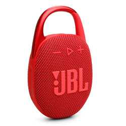JBL Clip 5 Red portable Bluetooth speaker, waterproof IP67, 15hr battery, carabiner clip, available at Kean’s Claremorris. –