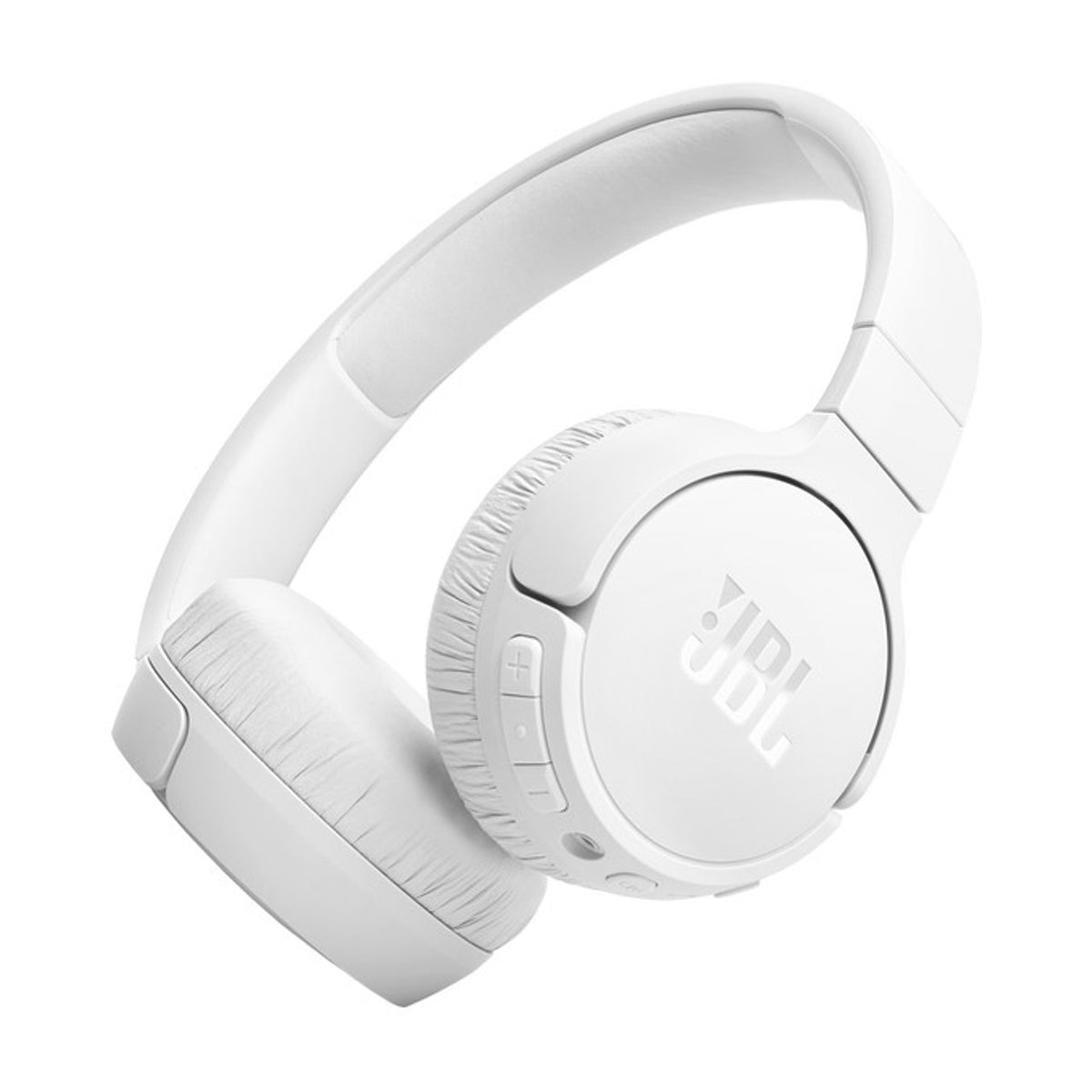 White JBL Tune 670NC wireless Bluetooth noise-cancelling headphones showing earcup controls and padded headband