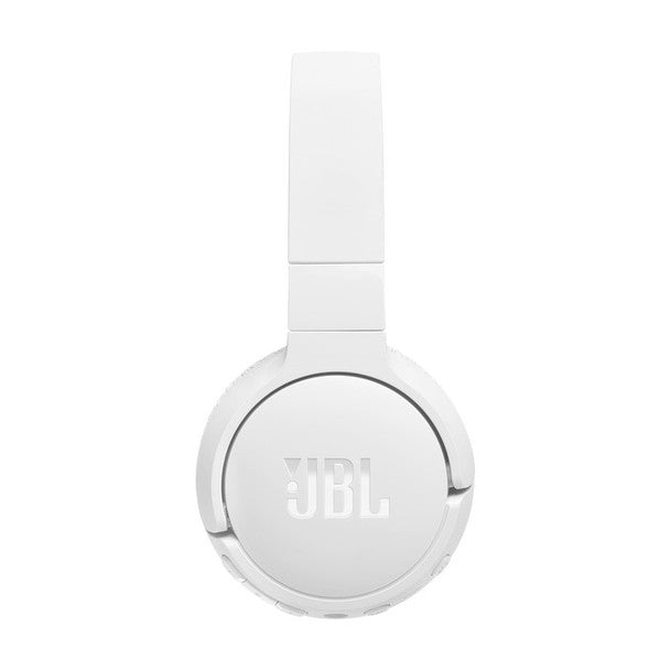 White JBL Tune 670NC wireless Bluetooth noise-cancelling headphones showing right earcup with controls and logo.