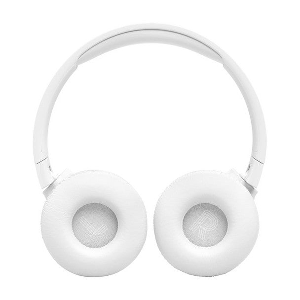 JBL Tune 670NC white wireless on-ear headphones showing ear cushions with L and R markings and headband.