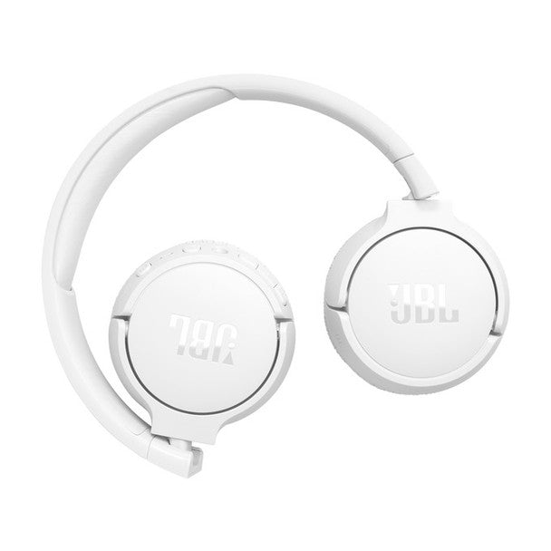 White JBL Tune 670NC wireless Bluetooth noise-cancelling on-ear headphones folded flat with visible controls on earcup