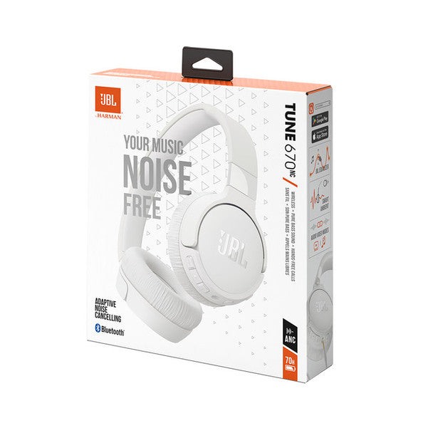 JBL Tune 670NC white wireless Bluetooth noise-cancelling headphones shown on packaging box front and side.