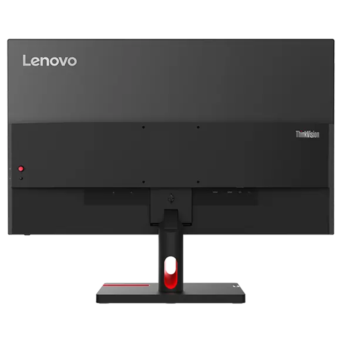 Back view of Lenovo ThinkVision S27i-30 27" FHD monitor with black stand and red accent.